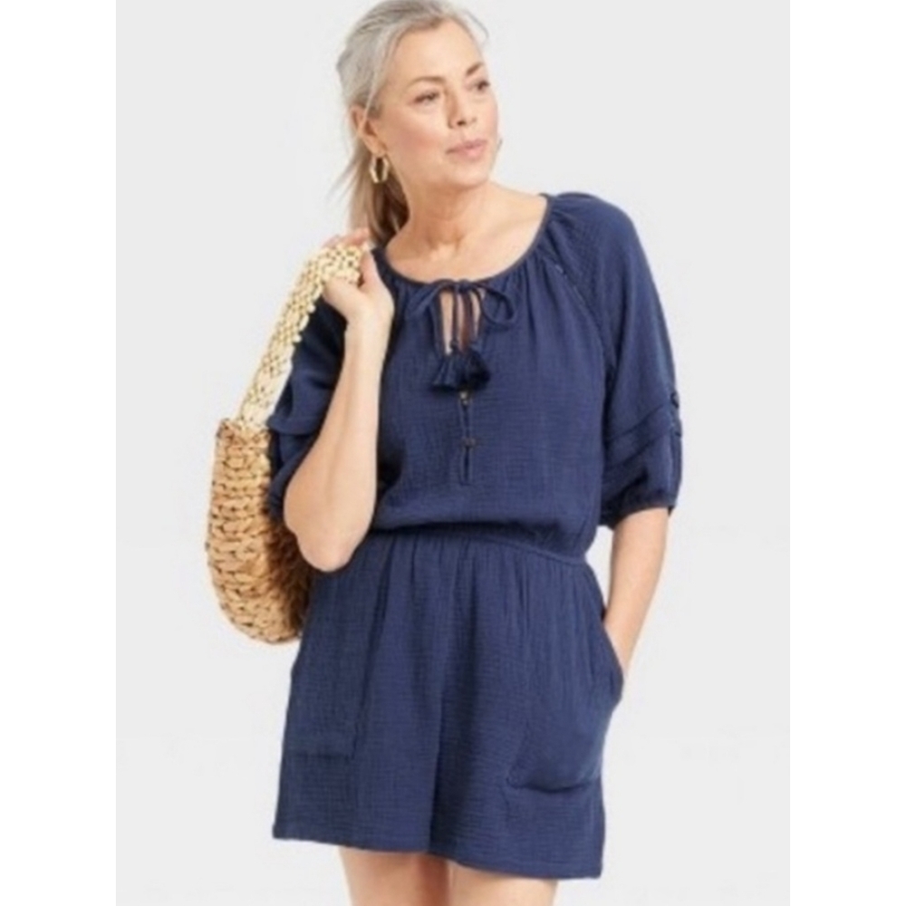 NEW Knox Rose Casual Gauze Navy Blue Romper Shorts